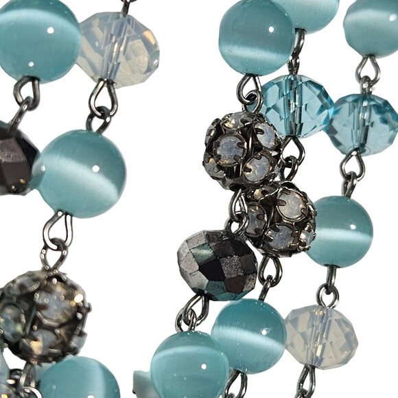 Monet Beaded Necklace Blue Cats Eye Iridescent Glass Bead Disco Fire Ball Women - Picture 2 of 8